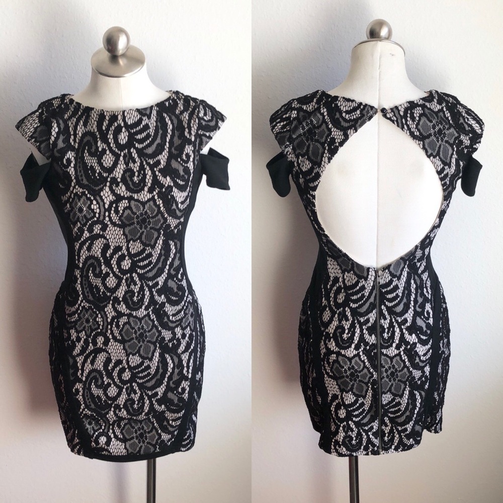 ASOS Lace Mesh Cold Shoulder Open Back Dress